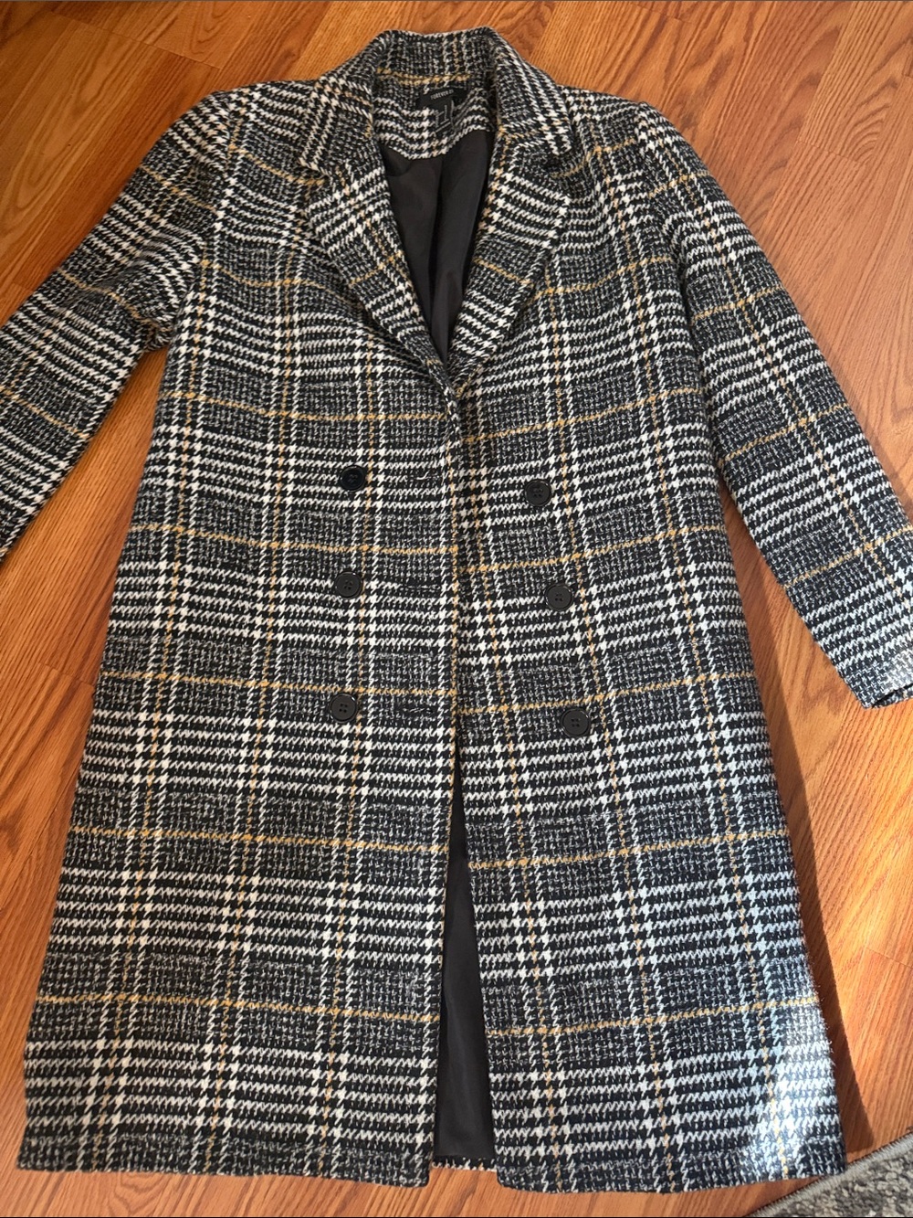Forever 21 Black & White Houndstooth Double-Breasted Peacoat with Tan Accents S